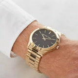 Michael Kors Slim Runway Quartz Black Dial Gold Steel Strap Watch For Men - MK8621 Authentic Buy Shop Now