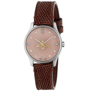 Gucci G Timeless Quartz Diamonds Pink Dial Red Leather Strap Watch For Women - YA1265017 Authentic Buy Shop Now