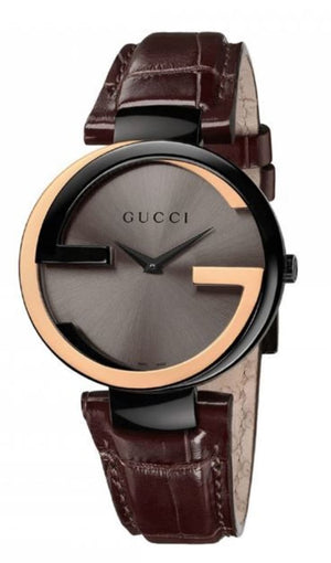 Gucci Interlocking G 18K Gold Black Dial Brown Leather Strap Watch For Women - YA133304 Authentic Buy Shop Now
