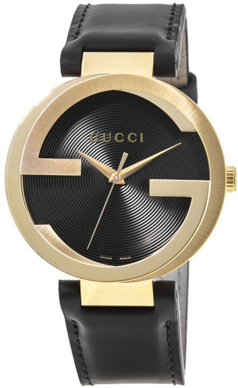 Gucci Interlocking G Gold Black Dial Black Leather Strap Unisex Watch - YA133326 Authentic Buy Shop Now