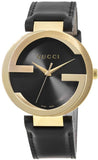 Gucci Interlocking G Gold Black Dial Black Leather Strap Unisex Watch - YA133326 Authentic Buy Shop Now