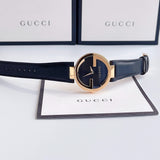 Gucci Interlocking G Gold Black Dial Black Leather Strap Unisex Watch - YA133326 Authentic Buy Shop Now