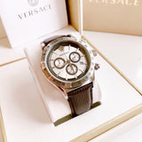 Versace Classic Chronograph Quartz Silver Dial Brown Leather Strap Watch For Men - VEV700119 Authentic Buy Shop Now