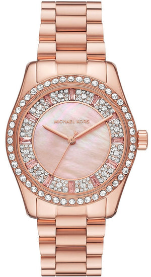 Michael Kors Lexington Three Hand Mother of Pearl Pink Dial Rose Gold Steel Strap Watch For Women - MK7444 Authentic Buy Shop Now