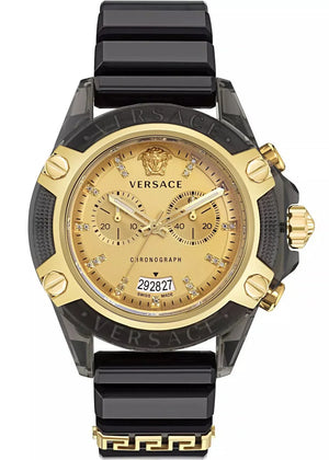 Versace Icon Active Chrono Gold Dial Black Silicone Strap Unisex Watch - VEZ701623 Authentic Buy Shop Now